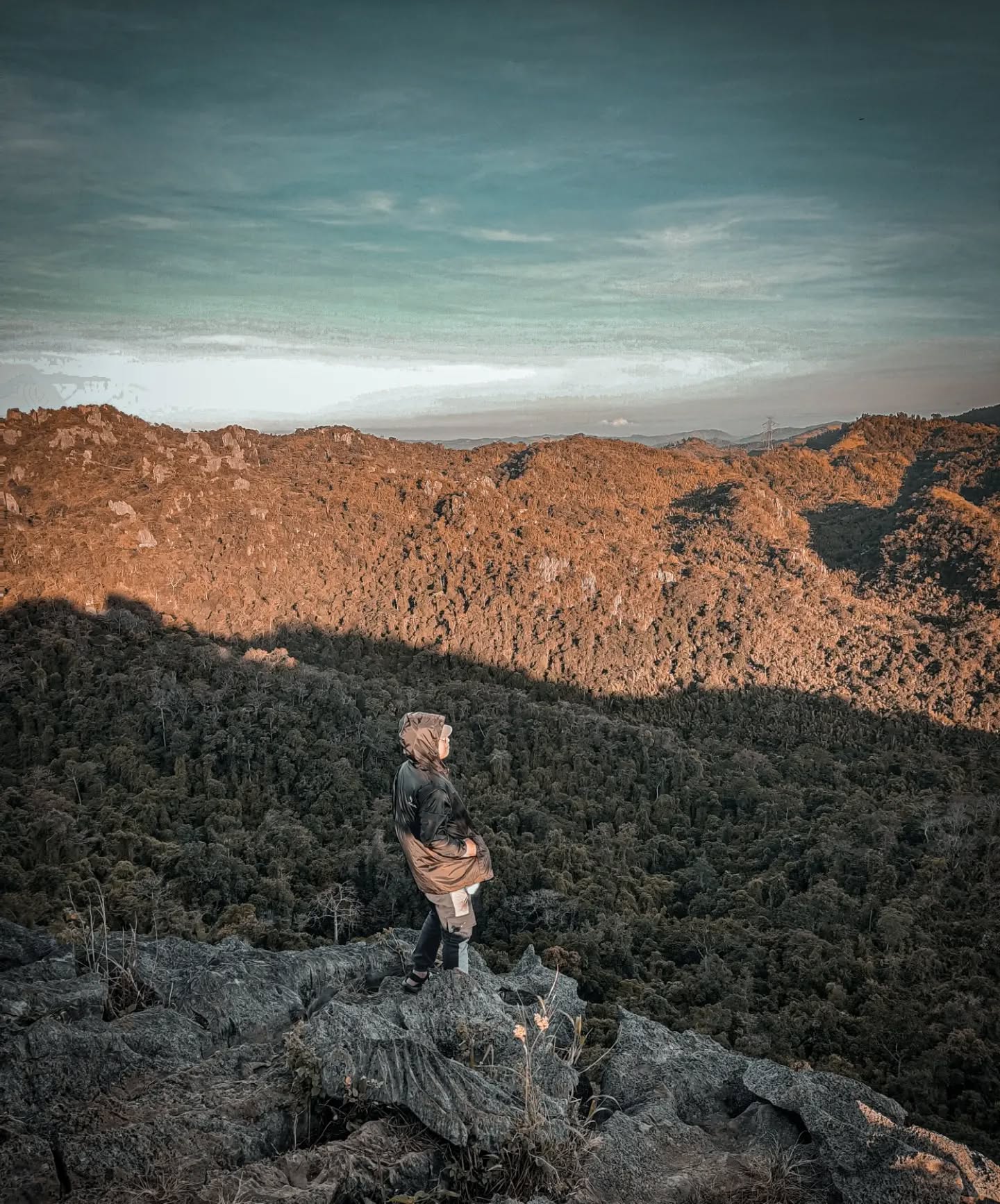 a person staring at the landscape at the mountain 